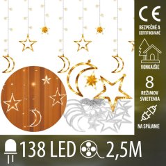 Vianočná led svetelná záclona na spájanie vonkajšia - hviezdy/mesiace - programy - 138led - 2,5m teplá biela