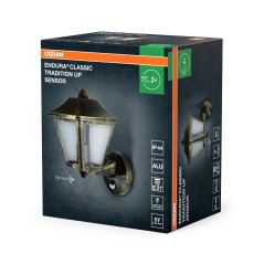 Vonkajšie nástenné svietidlo lampa elevačná latarnia E27 čierna zlatá IP44 so senzorom pohybu a súmraku Endura Osram