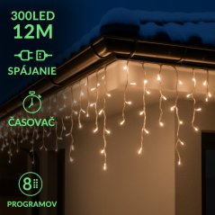 Vianočná led svetelná záclona na spájanie vonkajšia - programy - časovač + diaľkový ovládač - 300led - 12m teplá biela