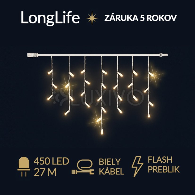 LongLife led svetelná záclona vonkajšia flash - 450led - 27m teplá biela / flash prebliknutie teplá biela - biely kábel