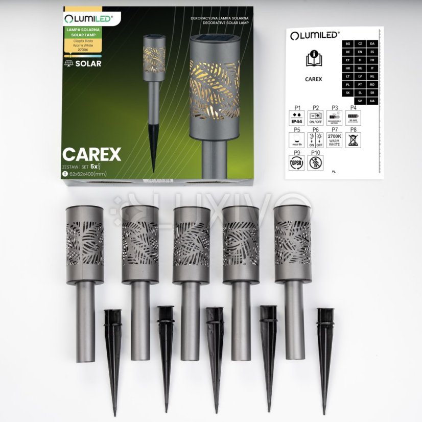 5x Solárna záhradná lampa LED 2700K zapichovací stĺpik priehľadný CAREX LUMILED