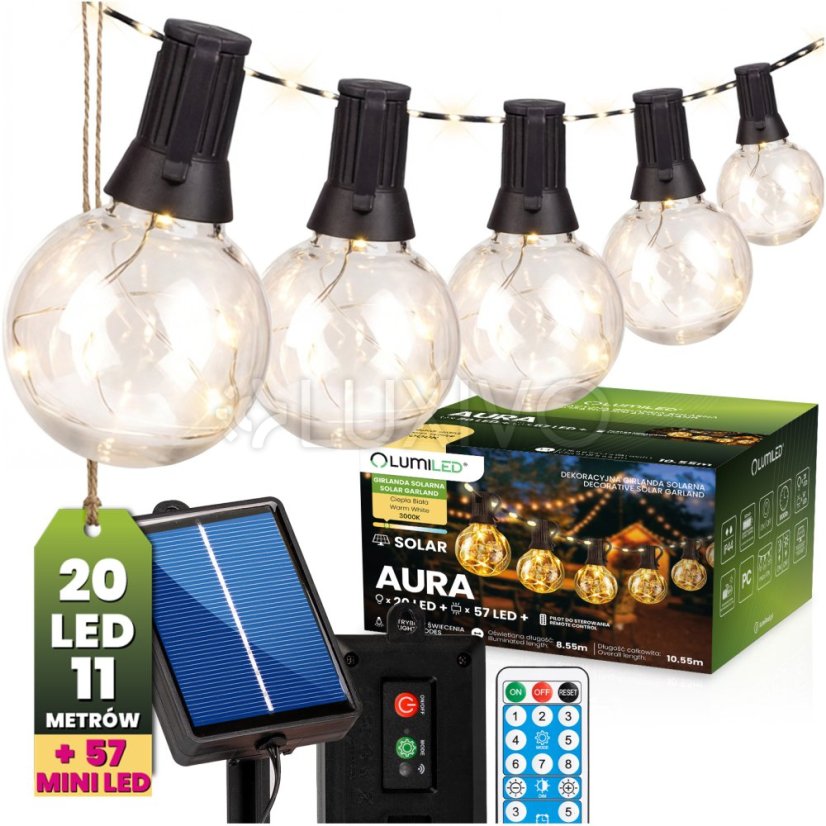 Záhradná solárna girlanda 20x LED dekoratívne žiarovky 10, 55m 3000K teplá + diaľkové ovládanie AURA LUMILED