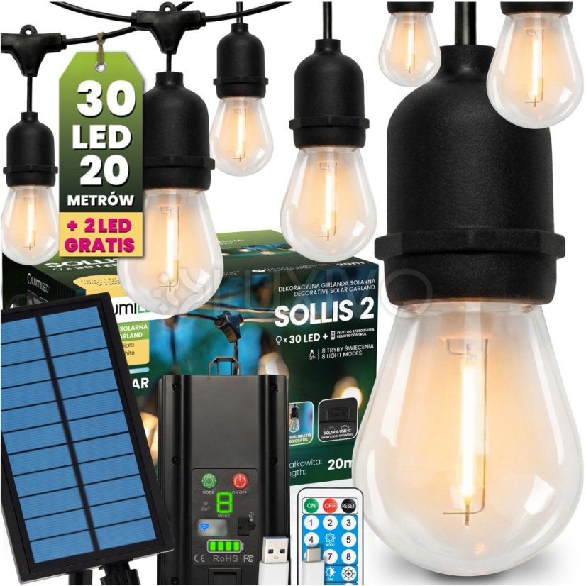 Vonkajšia solárna girlanda 30x LED dekoratívne žiarovky 20m 2700K teplá + diaľkový ovládač IP65 SOLLIS 2 LUMILED