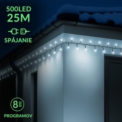 Vianočná led svetelná reťaz na spájanie vonkajšia - programy - 500led - 25m - studená biela