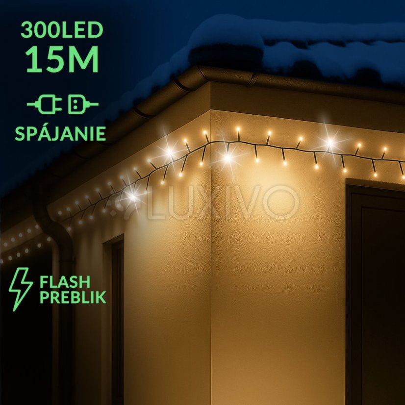 Vianočná led svetelná reťaz vonkajšia FLASH - na spájanie - 300led - 15m - teplá biela / studená biela