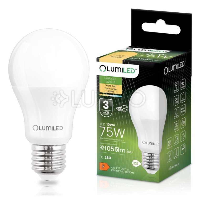 LED žiarovka E27 A60 10W = 75W 1055lm 3000K Warm 260° LUMILED