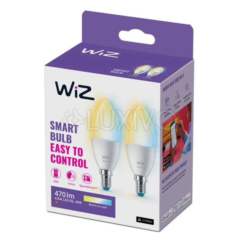 2x LED žiarovka E14 Candle C37 4,9W = 40W 470lm 2700-6500K TW Smart SMART WiFi Bluetooth App WiZ