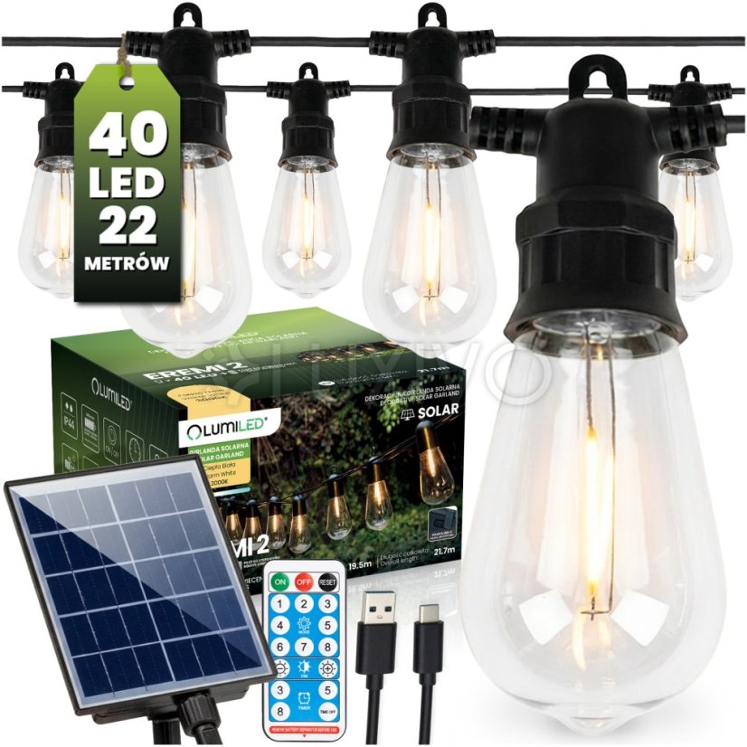 Záhradná solárna girlanda 40x LED ozdobné žiarovky 21, 70m 3000K teplá + diaľkové ovládanie LUMILED