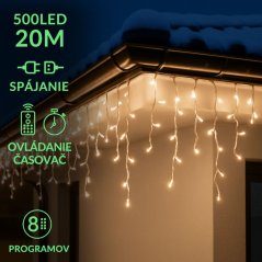 Vianočná led svetelná záclona na spájanie vonkajšia - programy - časovač + diaľkový ovládač - 500led - 20m teplá biela