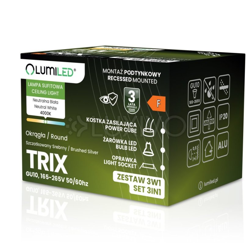 Zapustené halogénové svietidlo okrúhle pohyblivé TRIX 3v1 GU10 6W 4000K brúsené strieborné LUMILED