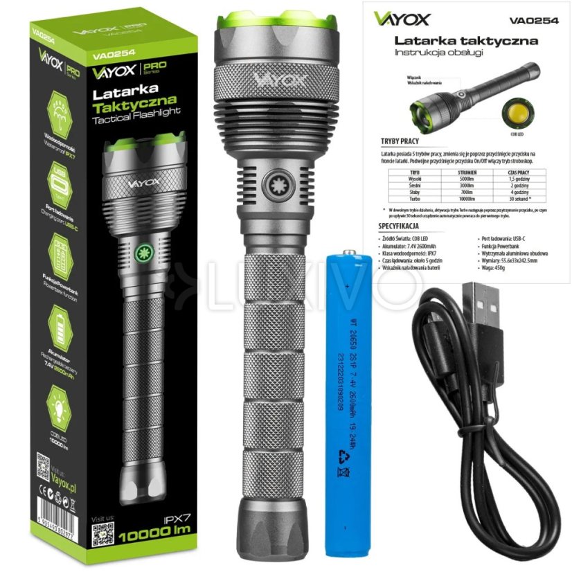 Taktická LED baterka Vodotesné dobíjateľné USB- C 10000lm IPX7 / OB 4 Vayox