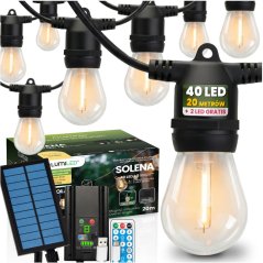 Solárna záhradná girlanda 40x LED dekoratívne žiarovky 20m 2700K teplá s diaľkovým ovládaním SOLENA LUMILED