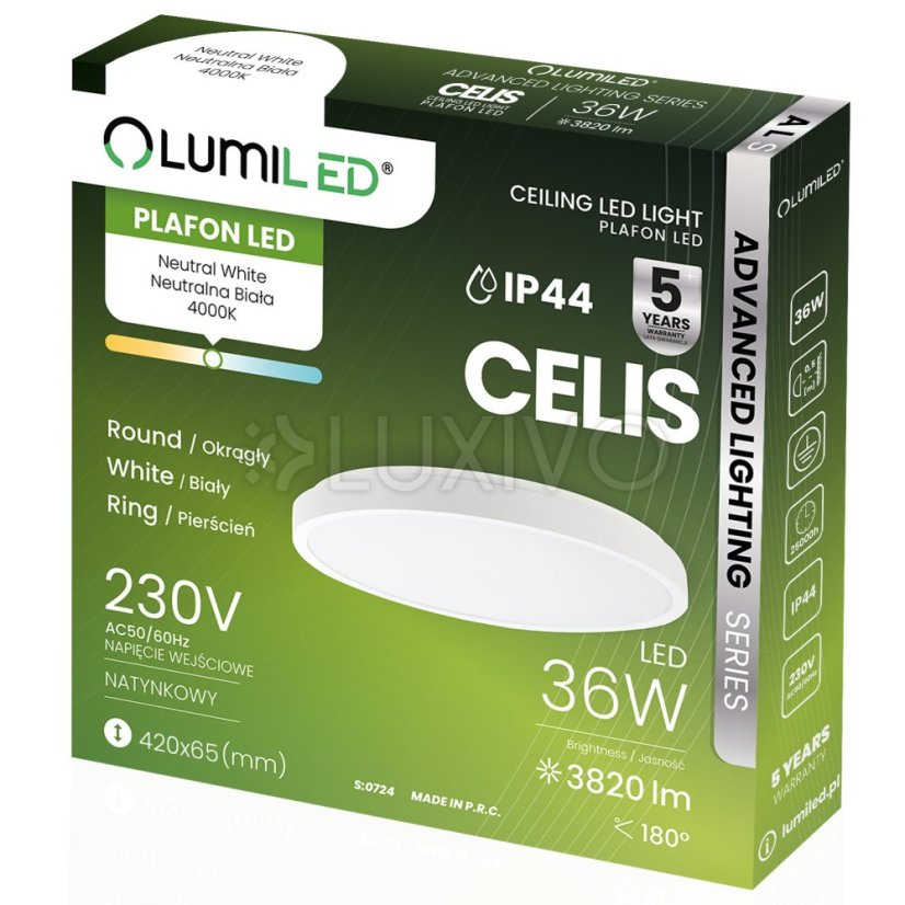 LED stropný plafón s povrchovou montážou 36W 4000K CELIS Round IP44 White Ring ALS LUMILED