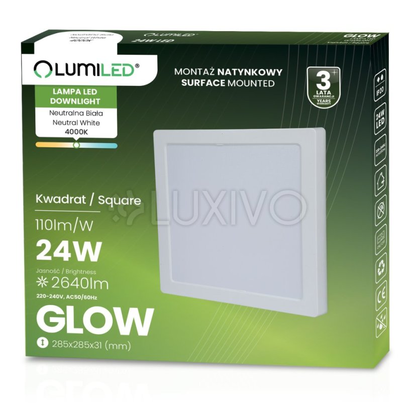 Stropné svietidlo LED s povrchovou montážou 24W Square 4000K GLOW White LUMILED