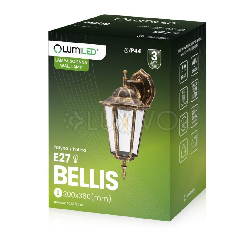Vonkajšie fasádne nástenné svietidlo E27 LATARNIA DOWN DOWN Patina BELLIS LUMILED