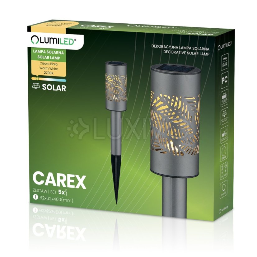 5x Solárna záhradná lampa LED 2700K zapichovací stĺpik priehľadný CAREX LUMILED
