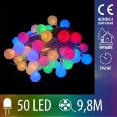 Vianočná led svetelná reťaz vonkajšia guľky s časovačom - 50led - 9,8m multicolour