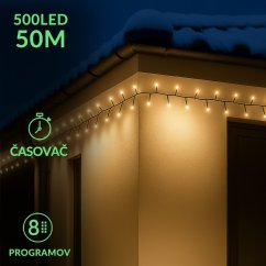 LED vianočná reťaz, 50 m, vonkajšia aj vnútorná, teplá biela, programy, časovač