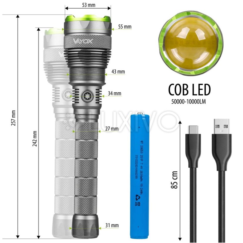Taktická LED baterka Vodotesné dobíjateľné USB- C 10000lm IPX7 / OB 4 Vayox