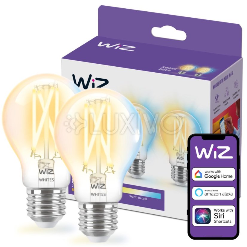 2x LED žiarovka E27 A60 7W = 60W 806lm 2700-6500K TW FILAMENT Intelligent SMART WiFi Bluetooth App WiZ