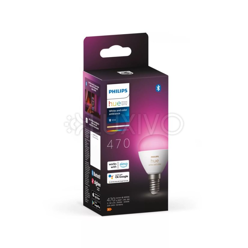 LED žiarovka E14 Ball P45 5,1W = 40W 470lm 2000-6500K CCT + RGB SMART Smart Bluetooth ZigBee White and Color Ambiance Philips HUE