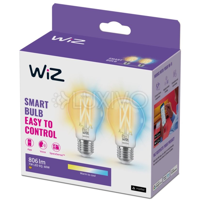 2x LED žiarovka E27 A60 7W = 60W 806lm 2700-6500K TW FILAMENT Intelligent SMART WiFi Bluetooth App WiZ