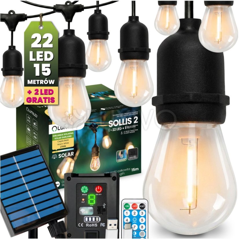Vonkajšia solárna girlanda 22x LED ozdobné žiarovky 15m 2700K teplá IP65 SOLLIS 2 Lumiled