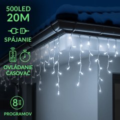 Vianočná led svetelná záclona na spájanie vonkajšia - programy - časovač + diaľkový ovládač - 500led - 20m studená biela