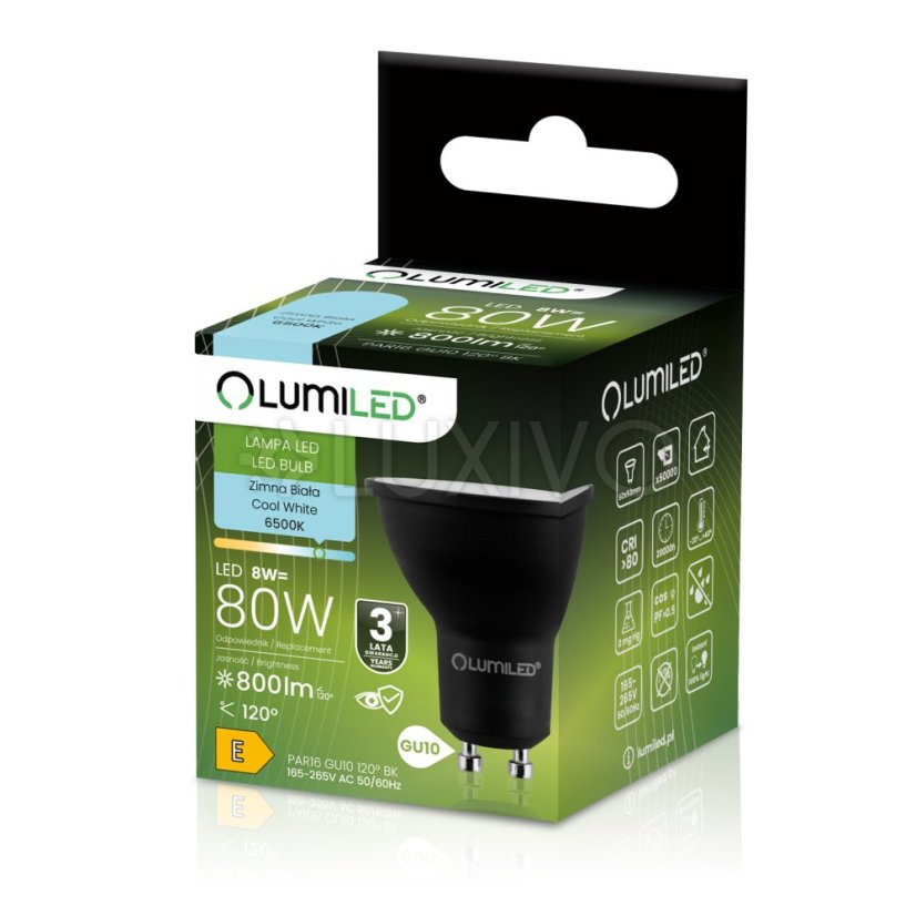 Žiarovka LED GU10 reflektor PAR16 8W = 80W 800lm 6500K studená 120° čierna LUMILED