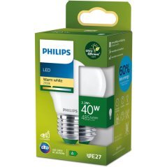 LED žiarovka E27 Ball P45 2,3W = 40W 485lm 210lm/W 2700K Warm 300° CLASS A UltraEfficient Philips