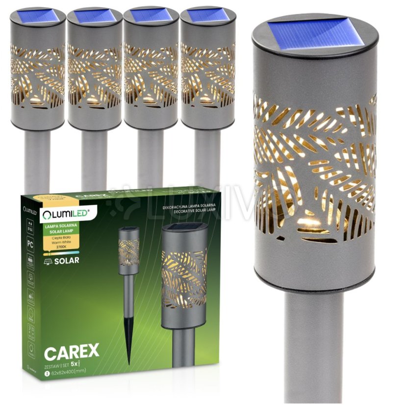 5x Solárna záhradná lampa LED 2700K zapichovací stĺpik priehľadný CAREX LUMILED