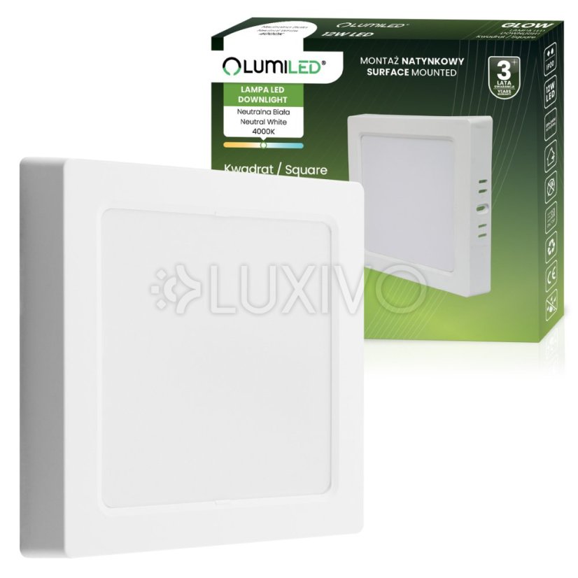 Stropné svietidlo LED s povrchovou montážou 12W Square 4000K GLOW White LUMILED