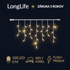 LongLife led svetelná záclona vonkajšia flash - 100led - 6m teplá biela / flash prebliknutie teplá biela - biely kábel