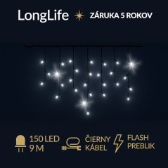 LongLife led svetelná záclona vonkajšia flash - 150led - 9m studená biela / flash prebliknutie studená biela - čierny kábel