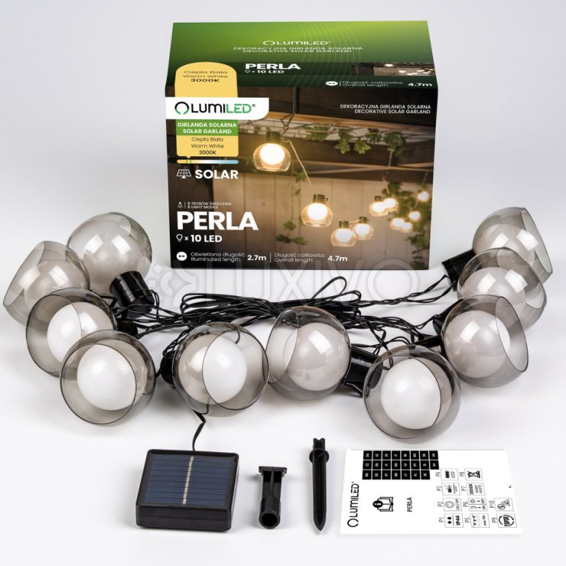 Záhradná solárna girlanda 10x LED dekoratívne svetielka 4, 7m 3000K teplá PERLA Lumiled