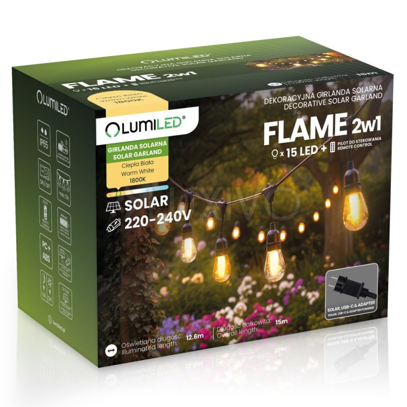 Solárna záhradná girlanda 15x LED plameň dekoratívne svetielka 15m 1800K teplá FLAME LUMILED