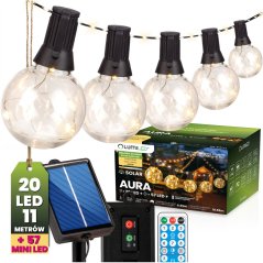 Záhradná solárna girlanda 20x LED dekoratívne žiarovky 10, 55m 3000K teplá + diaľkové ovládanie AURA LUMILED