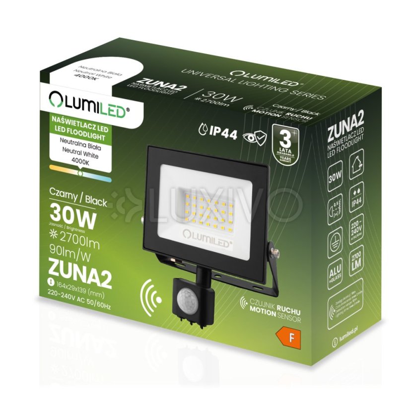 LED reflektor ZUNA2 30W 2700lm 4000K IP44 Black Senzor pohybu LUMILED
