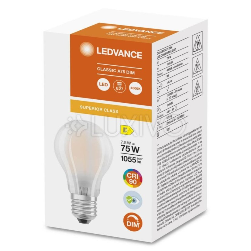LED žiarovka E27 A60 7,5W = 75W 1055lm 4000K Neutrálna 300° CRI90 Vlákno Mliečna Stmievateľná LEDVANCE Superior