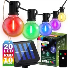 Solárna záhradná girlanda 20x LED dekoratívne žiarovky G50 10,6 m 3000K RGB + diaľkové ovládanie EREMI LUMILED