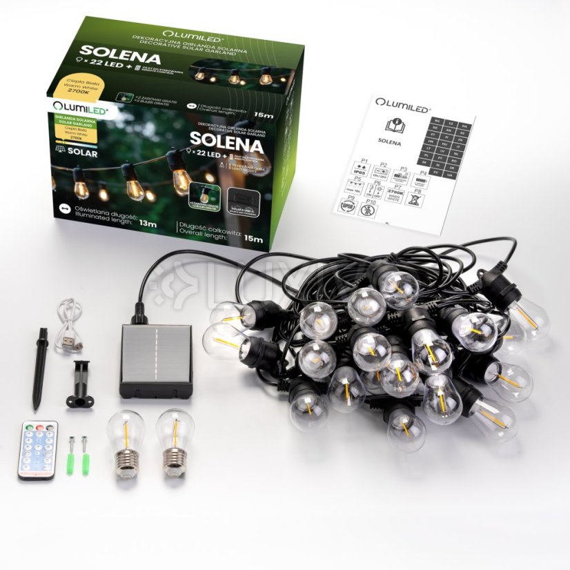 Solárna záhradná girlanda 22x LED ozdobné žiarovky 15m 2700K teplá biela + diaľkový ovládač SOLENA LUMILED