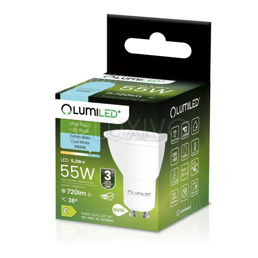 LED žiarovka GU10 reflektor PAR16 5, 2W = 55W 720LM 6500K studená 38° LUMILED