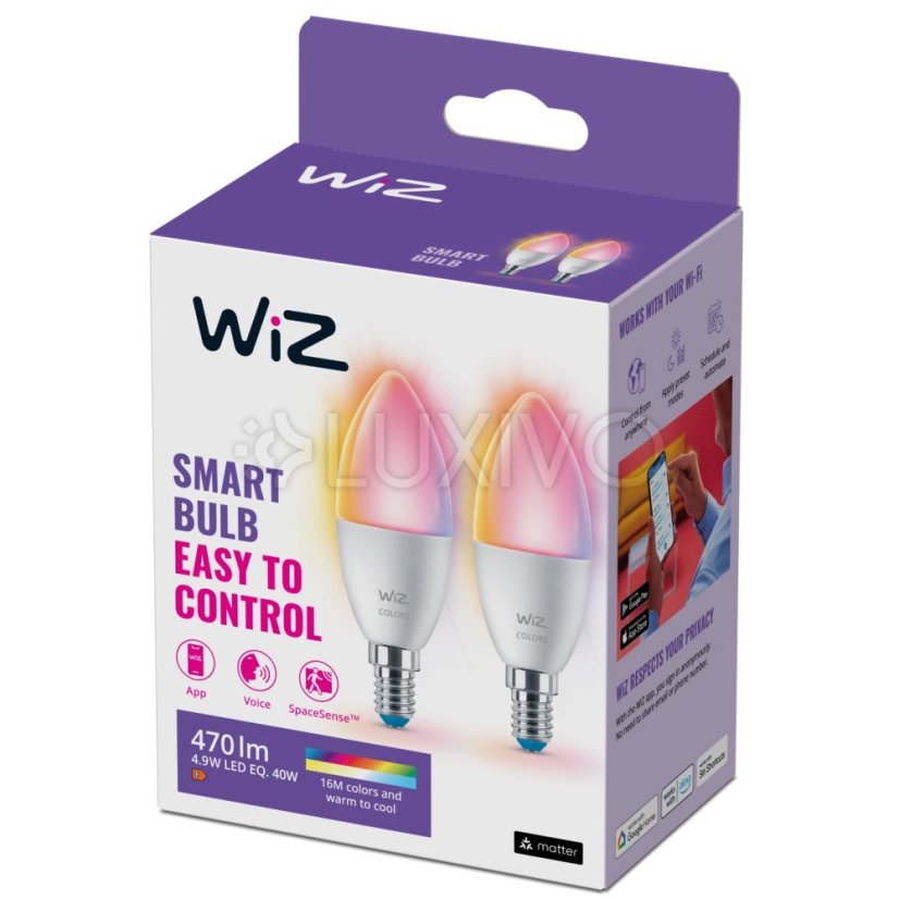 2x LED žiarovka E14 Candle C37 4,9W = 40W 470lm 2200-6500K RGB + TW Smart SMART WiFi Bluetooth App WiZ