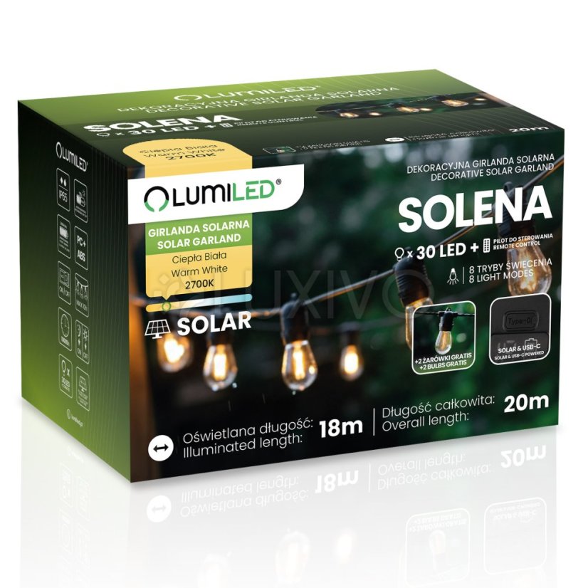 Solárna záhradná girlanda 30x LED ozdobné žiarovky 20m 2700K teplá s diaľkovým ovládačom SOLENA LUMILED
