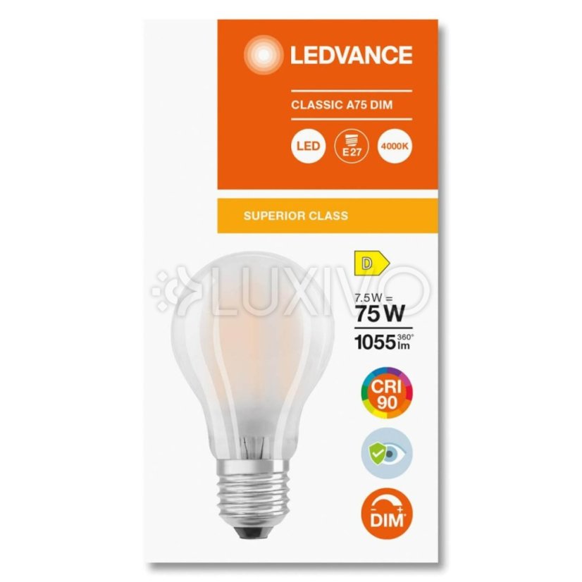 LED žiarovka E27 A60 7,5W = 75W 1055lm 4000K Neutrálna 300° CRI90 Vlákno Mliečna Stmievateľná LEDVANCE Superior