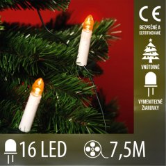 Vianočná led svetelná reťaz vnútorná - sviečky so štipcom - 16 vymeniteľných led žiaroviek - 7,5m teplá biela