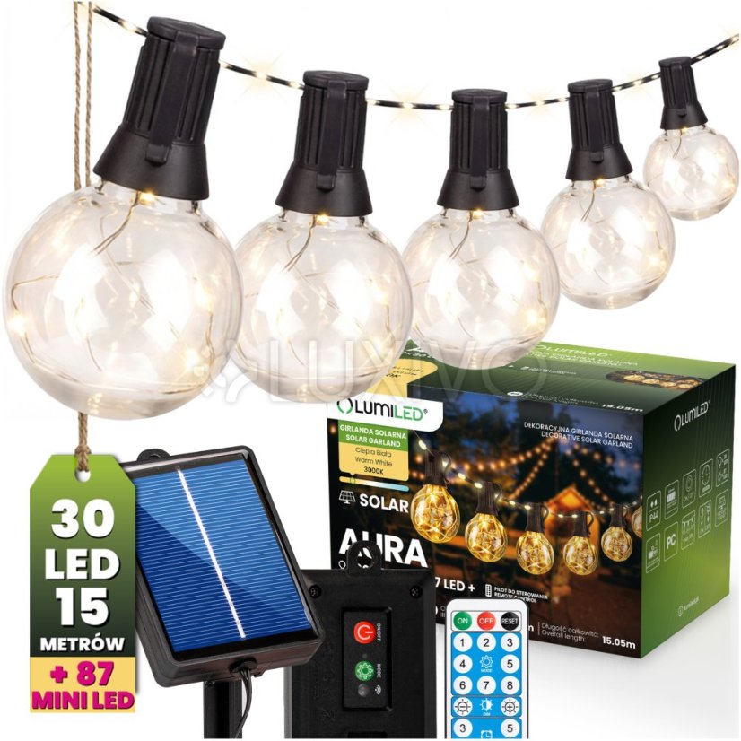 Solárna záhradná girlanda 30x LED dekoratívne žiarovky 15, 05 m 3000K teplá biela + diaľkový ovládač AURA