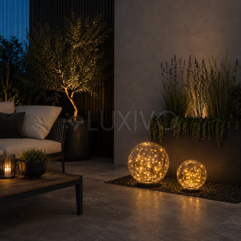 Solárna záhradná lampa LED GLORIS 3000K IP44 zapichovacia povrchová ozdobná guľa dymová 30cm LUMILED