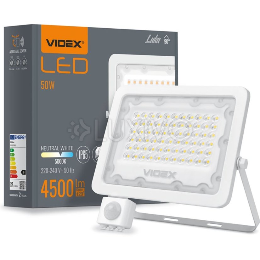 LED reflektor 50W 4500lm 5000K IP65 biely so senzorom pohybu a súmraku VIDEX LUCA