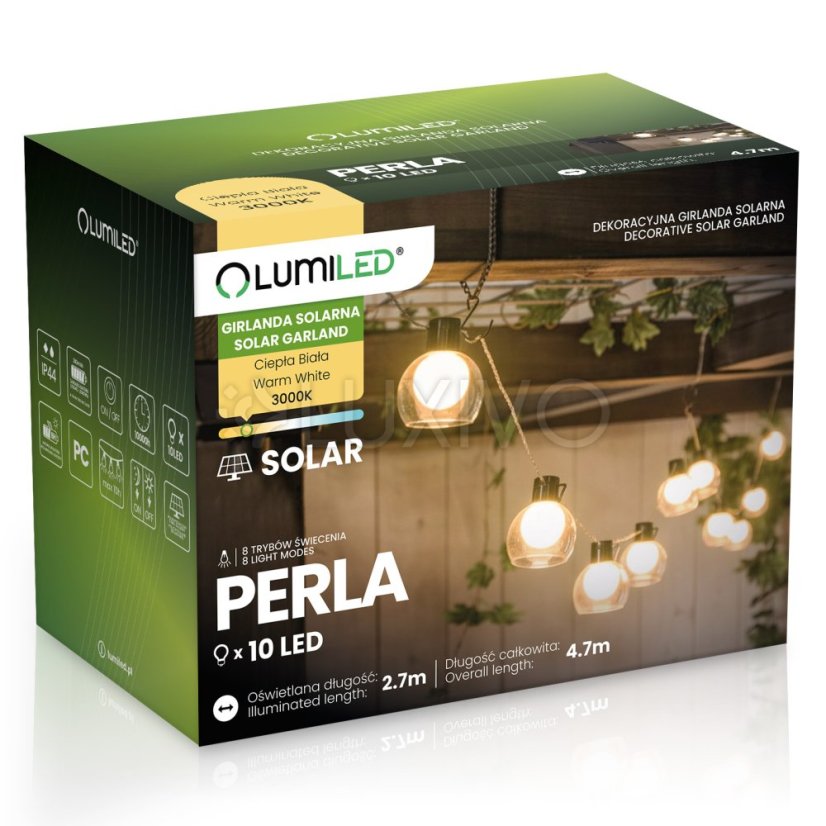 Záhradná solárna girlanda 10x LED dekoratívne svetielka 4, 7m 3000K teplá PERLA Lumiled